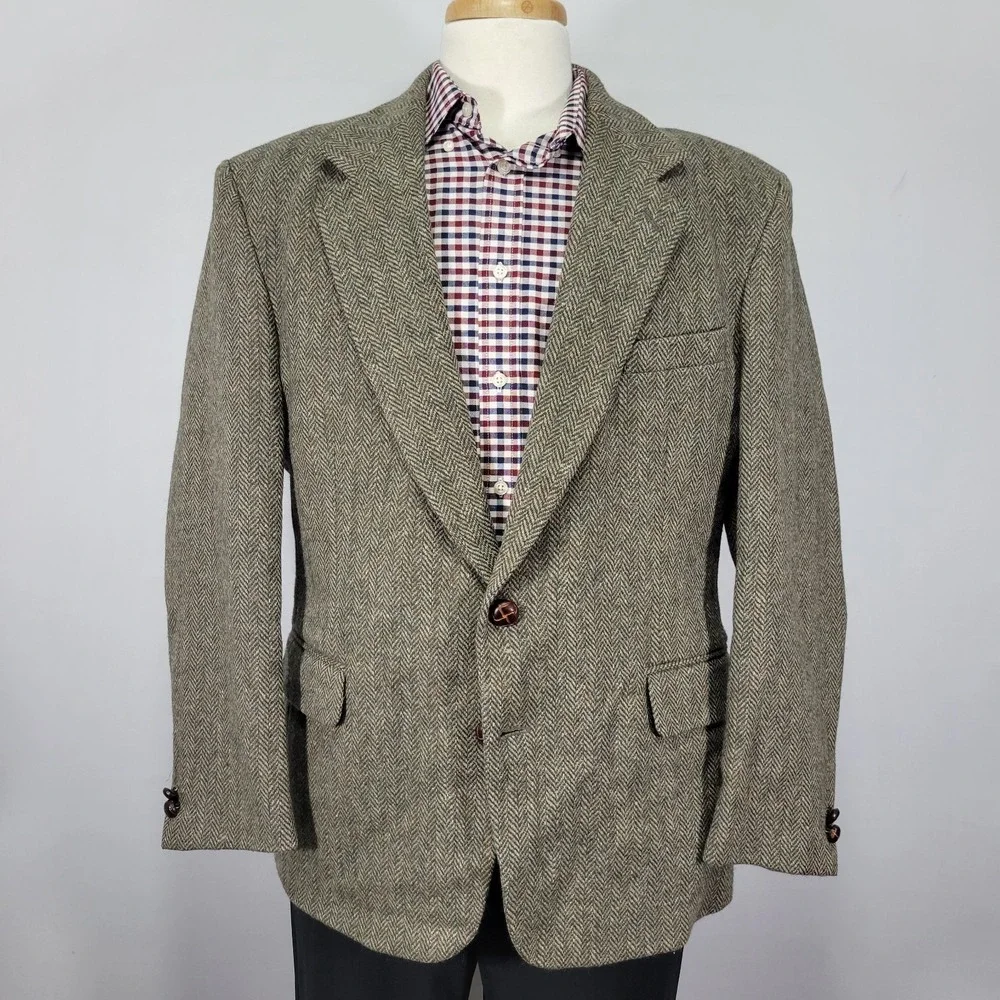 Robert Stock Classics Men's Tweed Sport Coat Blazer Olive Herringbone Wool 42S‎